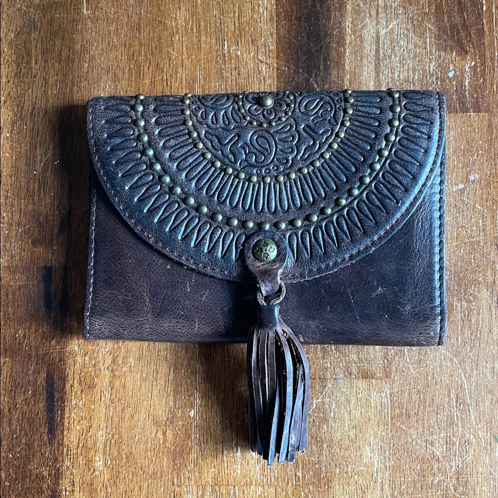 Vintage Patricia Nash Dark Brown Leather Clutch with Brass Studs and Fringe